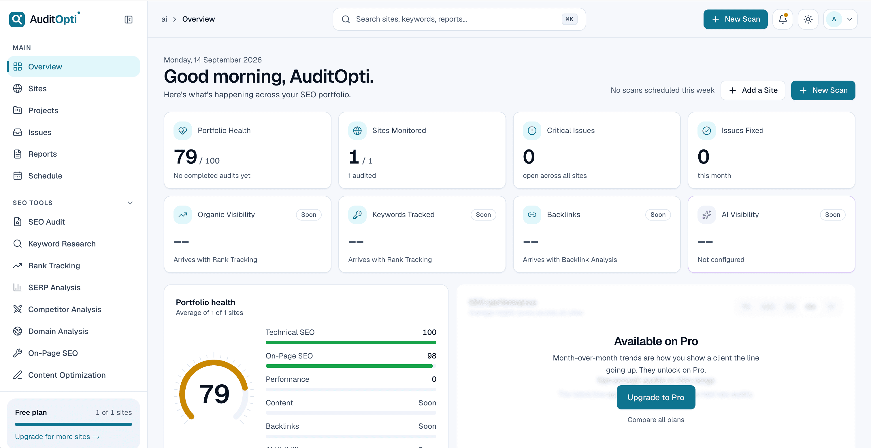 The AuditOpti dashboard overview: portfolio health, sites monitored, critical issues and scores by category